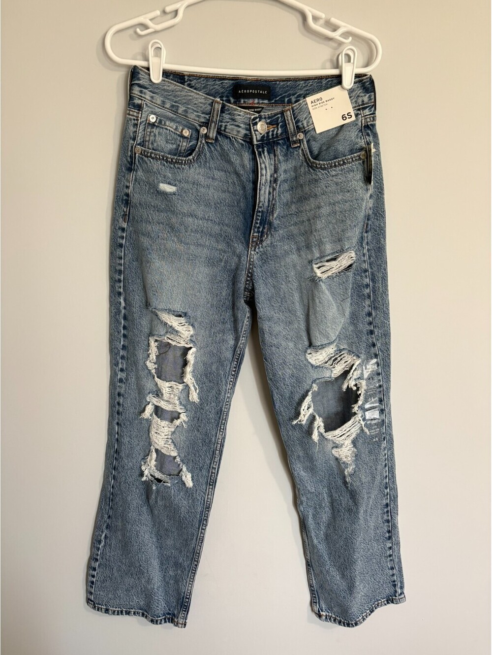 NWT AEROPOSTALE High-Rise DISTRESSED 90s Baggy Jeans Womens 6S Blue 100% Cotton